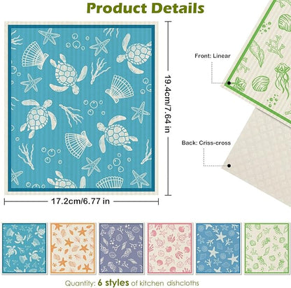 6 Packs Swedish Paper Cloths for Kitchen, Reusable Paper Towels Washable Dish Rags, Highly Absorbent Kitchen Towels Quick Drying Swedish Sponge Cleaning Dish Cloths (Ocean Series)