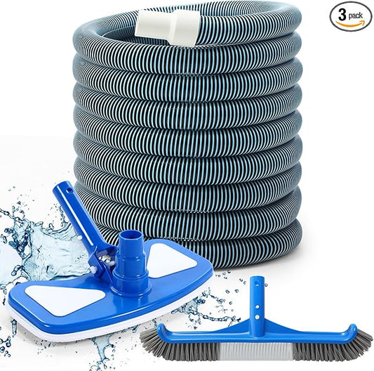 3 Pcs Pool Cleaning Kit Swimming Pool Vacuum Head Hoses 1-1/2" x 30ft with Swivel Wheel Vacuum Head and 14 '' Brush for Inground & Above Ground Pools Spas Ponds Cleaning Manual(Classic)