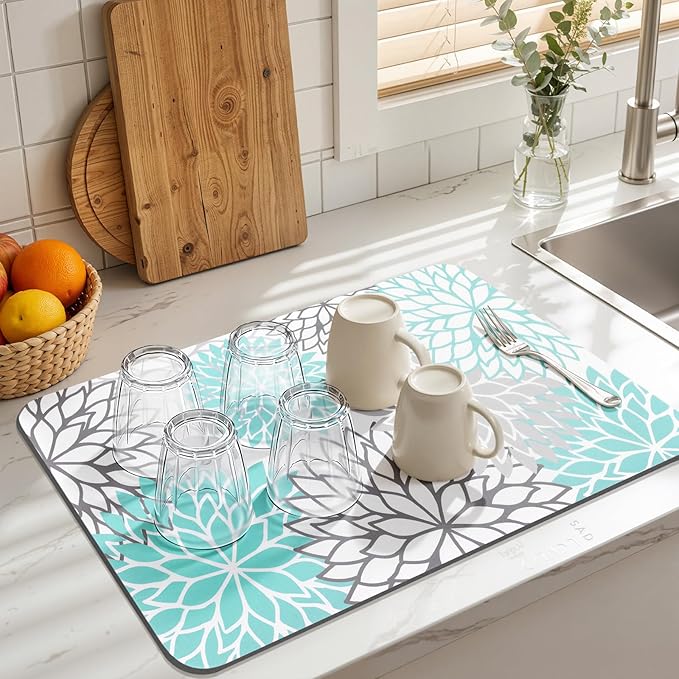 Findosom Dish Drying Mat, 12" x 20" Super Absorbent Dish Mat with Floral, Hide Stain Drying Mat for Kitchen Counter, Under Dish Rack, Coffee Maker, Espresso Machine, Teal