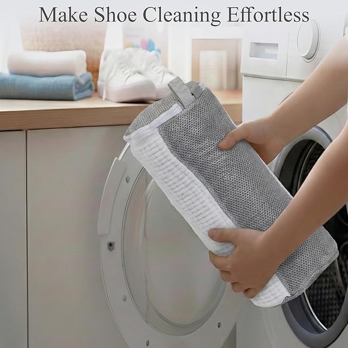Shoe Washing Machine Bag, 2 Pcs Cylindrical Laundry Shoe Bag for Washer and Dryer with Adjustable Shoe Trees, 360 Deep Cleaning Sneaker Washing Bag with Zipper, Fits All Shoe Types and Sizes, White