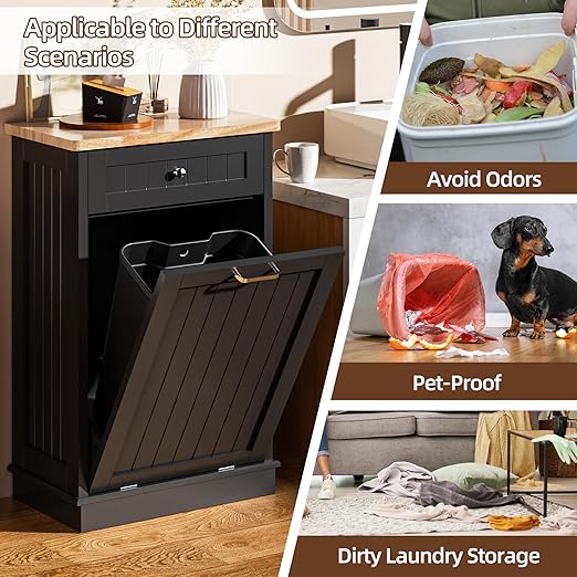 AHB 13 Gallons Tilt Out Trash Cabinet, Hidden Trash Can Cabinet Kitchen Wooden Tilt Out Pet Proof Hidden Trash Bin for Kitchen Living Room, Black