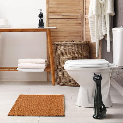 Allure Home Creation Cat 3-Piece Black Ceramic Toilet Brush Holder with White Plastic Brush and Soap Dispenser Set-Black