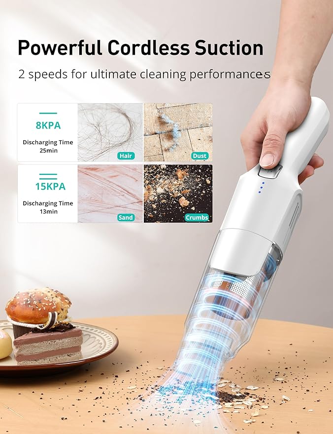 Handheld Vacuum Cordless, 24KPA Powerful Car Vacuum, Rechargeable, Charging Dock, Ergonomic Handle, 2-in-1 Crevice Tool, 1.8lb Portable Vacuum Cleaner with 2-Speed for Car, Home