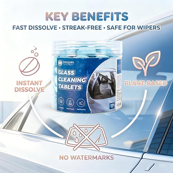 Couleurs Car Windshield Washer Tablets, Washer Fluid Tablets Glass Cleaner Concentrate Windshield Wiper Fluid Car Windshield Cleaner Automotive Glass Cleaner, 200 Pieces, 250 Pieces