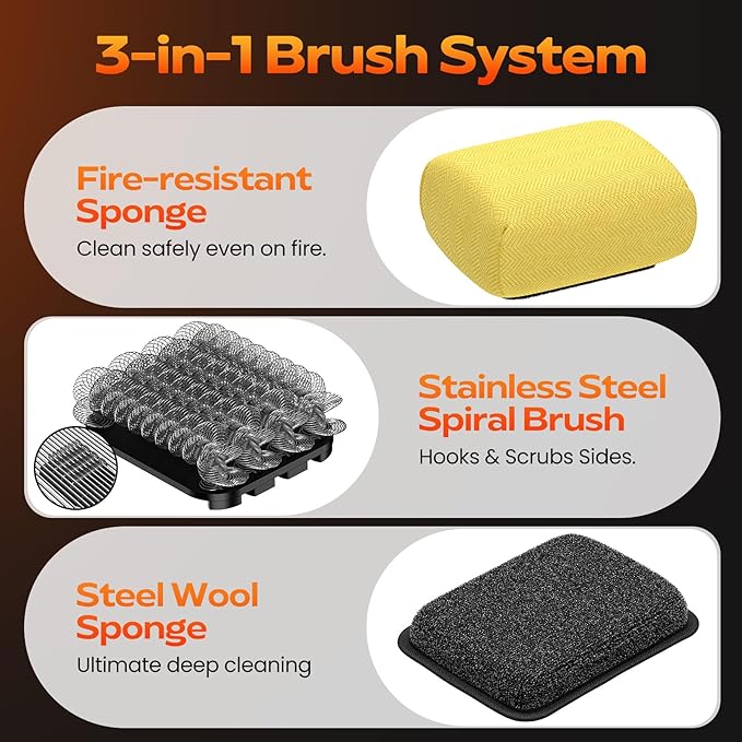 Reciprocating Electric Grill Brush, Bristle-Free Grill Brush for Outdoor Grill, BBQ Grill Brush, Grill Cleaner with 3 Replaceable Brush Heads, No Splash, Effort-Saving, Deep Cleaning, Black