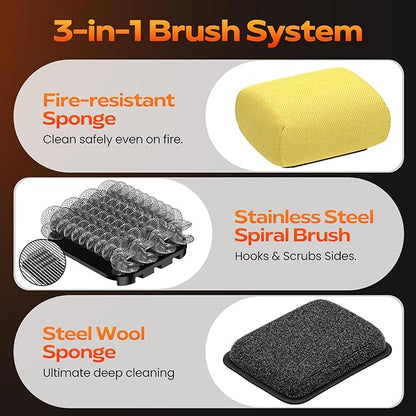 Reciprocating Electric Grill Brush, Bristle-Free Grill Brush for Outdoor Grill, BBQ Grill Brush, Grill Cleaner with 3 Replaceable Brush Heads, No Splash, Effort-Saving, Deep Cleaning, Black