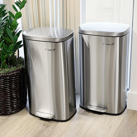 Elama 2 Piece 8 Gallon 30 Liter Rectangular Stainless Steel Twin Step Trash Bins with Slow Close Mechanism in Matte Silver