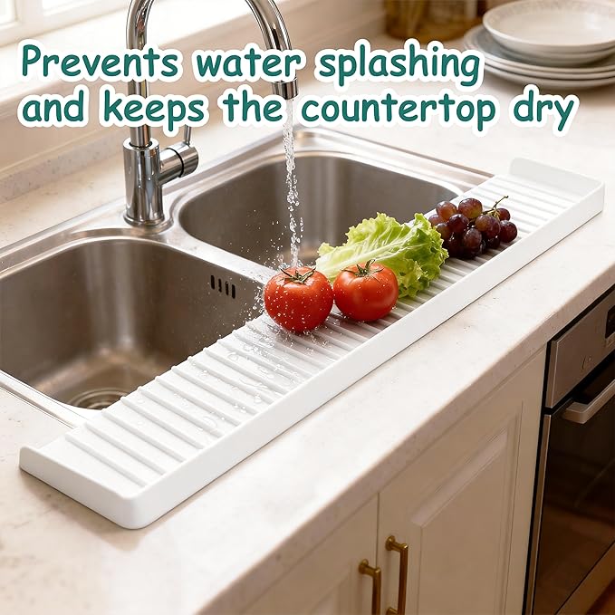 Silicone Sink Edge Protector Splash Guard, 24x4 Inch with Suction Cups & 5°Tilt, Cuttable for Kitchen Bathroom Countertops, Granite Quartz Surfaces (Transparency)