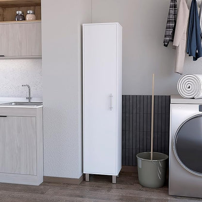 Tall Storage Cabinet Single Door with 3 Broom Hangers White Particle Board 5 Interior Shelves 11 in D x 14.4 in W Ergonomic Freestanding Organizer for Laundry Mudroom Closet