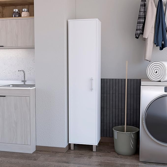 Storage Cabinet, Single Door Freestanding White Cabinet with 3 Broom Hangers & 5 Interior Shelves, Modern Particle Board Melamine Kitchen Organizer, 11.73" D x 15.75" W x 70.87" H