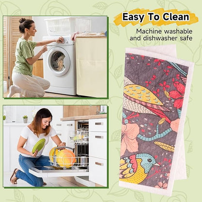 Polly Online Swedish Dishcloths for Kitchen,6 Pack Cloth Paper Towels Reusable Washable,Super Absorbent Dish Towels,No Odor,Biodegradable,Flowerbirds Design