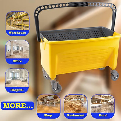 Matthew Cleaning Microfiber Finish Bucket with Sieve,Press Wring Mop Bucket for Microfiber Flat Mops, Mop Bucket with Non-Marking Casters Wheels,44" Yellow
