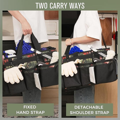 SCAVATA Wearable Cleaning Caddy, Cleaning Caddy Supplies Organizer with Handle & Shoulder Straps for Housekeepers, Under Sink & Car Cleaning Tool Organizers Bag with 4 Foldable Divider (GreenBush)