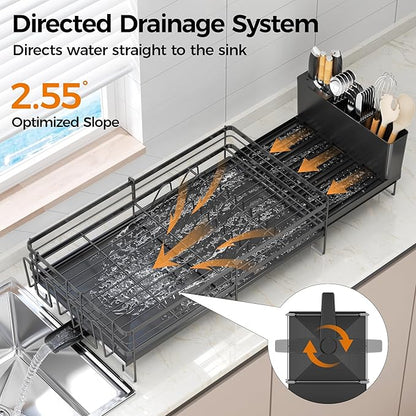 Delamu Stainless Steel Dish Drying Rack, Expandable Dish Drainer, Anti-Rust Large Dish Racks for Kitchen Counter, Dish Strainers with Drainboard, Utensil & Cup Holder, 13.4"-28.7" L x 11.8" W, Black