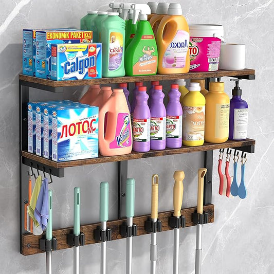 Housolution 2 Tier Broom Holder Wall Mount with Cleaning Supplies Organizer, 100 LBS High Load-Bearing Laundry Room Storage Shelves, Multifunctional Mop Hanger Rack with 7 Grippers & 8 Hooks