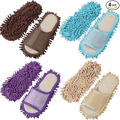 Wesiti 4 Pairs Washable Mop Slippers Microfiber Funny Mop Shoes Floor Cleaning Slippers for Women Home Floor(Simple,Brown, Blue, Purple, Beige)