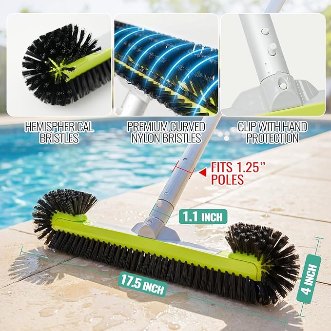 Pool Brush Head for Cleaning Walls with Hemispherical Bristles, Heavy Duty Inground/Above Ground Swimming Pool, Scrub Brush for Tile Flooring Vinyl Pools Fiberglass Fits Φ1.25” Poles (Charcoal)