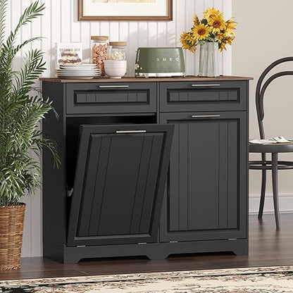 Double 10 Gallon Tilt Out Trash Can Cabinet with Deodorizing Function and Power Outlet, Wooden Hidden Garbage Can Holder with 2 Storage Drawers for Kitchen, Laundry Hamper Cabinet for Bathroom, Black