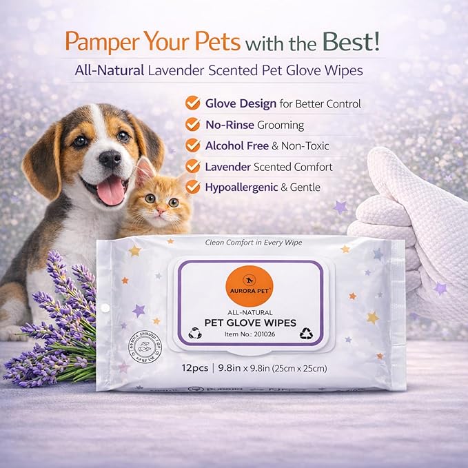 Aurora Pet Glove Wipes for Dogs & Cats, Wearable No-Rinse Grooming Glove Wipes for Paws, Face, Ears & Body, Hypoallergenic Disposable Pet Cleaning Wipes, Lavender Scented, 36 Count