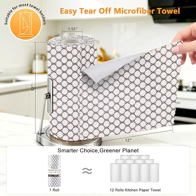 Microfiber Cleaning Cloth Roll, 50 Tear-Away Sheets, Reusable & Washable, Lint-Free, Non-Scratch, Highly Absorbent Cleaning Cloths for Kitchen, Home, Car & Windows, White Waffle, 12 x 12 in