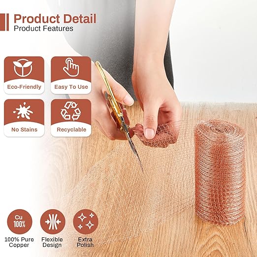 Gisafai 5'' x 100 ft Copper Mesh Rodent Control Copper Wool for Slugs Rustproof DIY Hole Filler Pure Wire Mesh for Bat Snail Bird Pest Rodent Control Gap Blocker Fill Fabric Hole Gardening(1 Roll)
