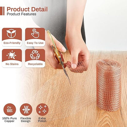 Gisafai 12" x 65 ft Copper Mesh Rodent Control Copper Wool for Slugs Rustproof DIY Hole Filler Pure Wire Mesh for Bat Snail Bird Pest Rodent Control Gap Blocker Fill Fabric Hole Gardening (1 Roll)