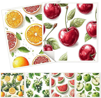 6 Pack Swedish Dishcloths for Kitchen - Reusable Dish Paper Towels Cloths Washable,Absorbent Cellulose Cleaning Sponge Cloth Wipes Quick Dry, Decorative Tea Towels,No Odor Biodegradable(Fruit)