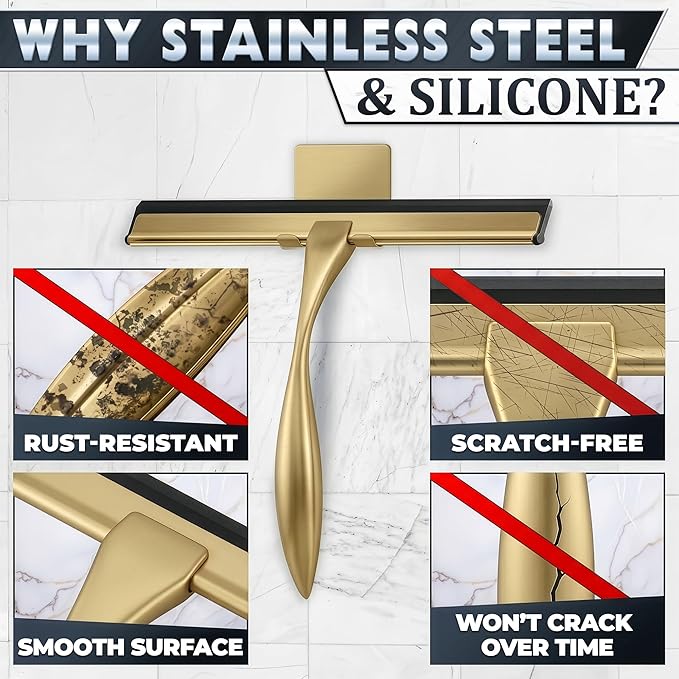 10 Inch Shower Door Squeegee - Gold Squeegee for Shower Glass with Stainless Steel Body, Silicone Blade, Adhesive & Hanging Hooks for Streak-Free Mirror, Tile, Window, Bathroom, Car, Everyday Home Use