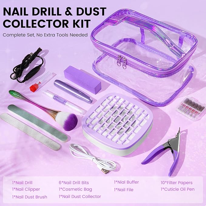 Nail Drill with Dust Collector Kit: 20000RPM Professional Electric Nail File for Acrylic Gel Removal, Manicure Pedicure Polishing, Complete Nail Tool Set in Cosmetic Bag for Home Beginners (Purple)