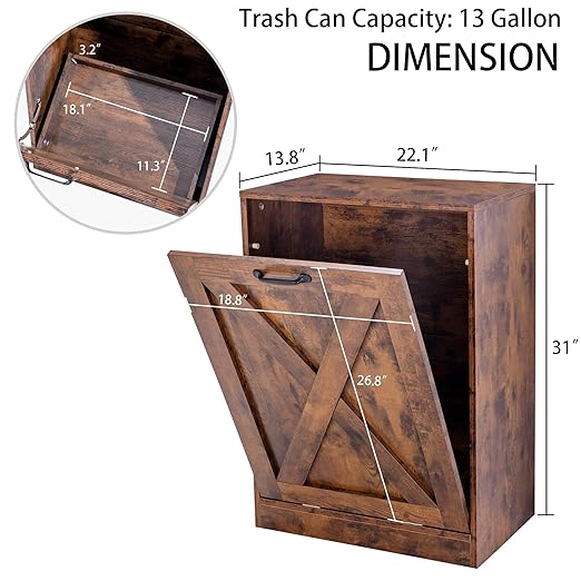 Zvyteay 13 Gallons Tilt Out Trash Can Cabinet, Wooden Free Standing Kichen Waste Bin Recycling Cabinet Hidden Trash Cabinet (Brown)