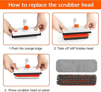 Floor Scrub Brush with Long Handle, 3 in 1 Extendable Stiff Bristle Scrape Brush, 60-In Shower Scrubber Brush with Squeegee and 2 Replacement Heads for Cleaning Bathroom Kitchen Deck Tub Tile