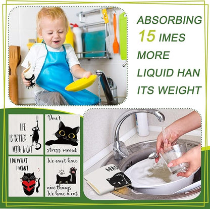 Funtery 8 Pcs Black Cat Swedish Kitchen Dishcloths Reusable Swedish Absorbent Sponge Cloths Washable Kitchen Dish Towel Quick Drying Decorative for Animal Lover Gifts for Women Hand Towel
