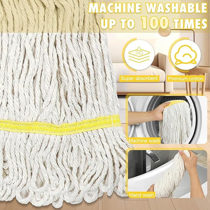 Commercial Industrial Mop Heavy Duty with 3 Replacement Head,Looped-End String Wet Mops with Long Handle for Floor Cleaning, Cotton Mop for Home Garage Office Workshop Warehouse Concrete Floor