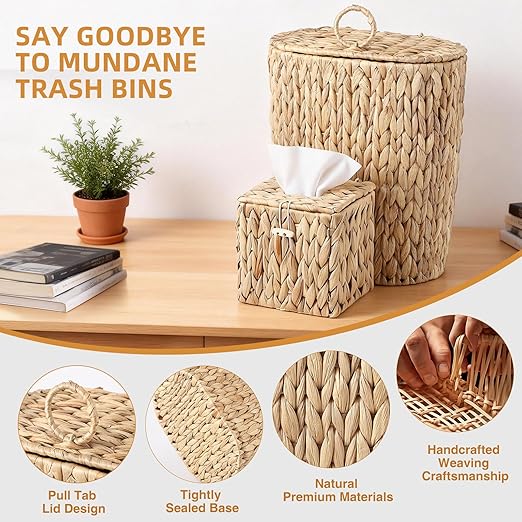 BSSN Water Hyacinth Wicker Trash Can with Lid and Tissue Box Cover Set, 3 Gallon Rattan Bathroom Wastebasket, Boho Bathroom Accessories for Bedroom, Toilet, Office, Natural