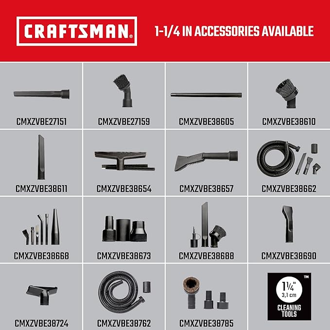CRAFTSMAN CMXZVBE38662 1-1/4 in. Car Cleaning Wet Dry Vac Attachment Kit for Auto Detailing, Fits Most Vacs with a 2-1/2 in. Drum Inlet, Not Compatible with CMXEVBE17250 and CMXEVBE17678 Vacs
