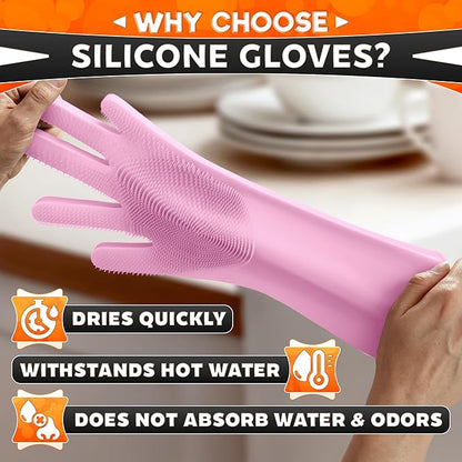 ALPENKOK Silicone Dishwashing Gloves with Scrubber – Non-Slip Silicone Gloves wor Washing Dishes | Household Use