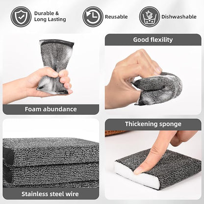 Kitchen Dish Sponges Steel Scrubbers - 6 Pack Black Non Scratch Heavy Duty Scrub Sponges，Reusable Multipurpose Metal Cleans for Washing Dishes，Pots and Pans，Household Cleaning，Bathroom
