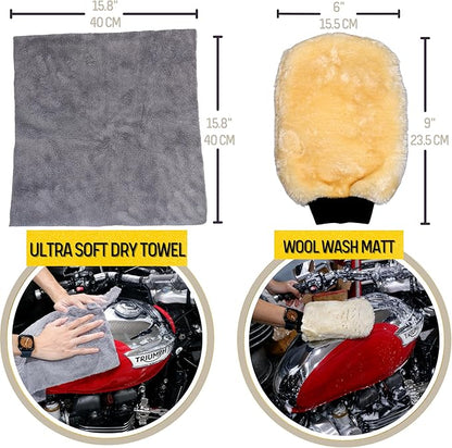 oesee Motorcycle Cleaning Kit 6 Pack Design for Chrome, Woolies Brush, Wool Wash Mitt, Tire&Chain Brush, Detailing Brush& Ultra Plush Towel for Motorcycle& Bike Chrome Painted, Rims, Exhaust, Surface