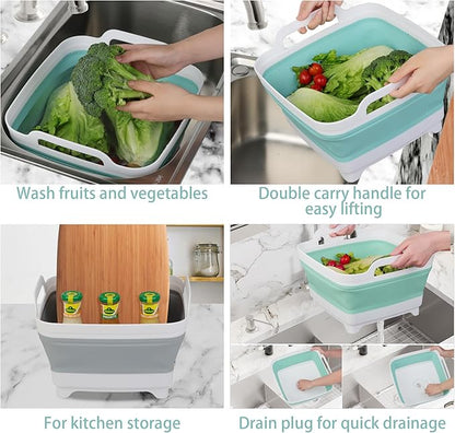 2 Pack Dishpan for Washing Dishes, 2.4Gal/9L Wash Basin with Draining Plug Carry Handles, Collapsible Bucket for Cleaning, Portable Sink, Foldable Plastic Tub