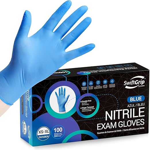 SwiftGrip Disposable Nitrile Exam Gloves, Blue, Nitrile Gloves Disposable Latex Free, Medical Gloves, Cleaning Gloves, Food-Safe Rubber Gloves, Powder Free, Non-Sterile, 100-ct Box (X-Small)