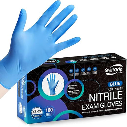SwiftGrip Disposable Nitrile Exam Gloves, Blue, Nitrile Gloves Disposable Latex Free, Medical Gloves, Cleaning Gloves, Food-Safe Rubber Gloves, Powder Free, Non-Sterile, 100-ct Box (X-Small)