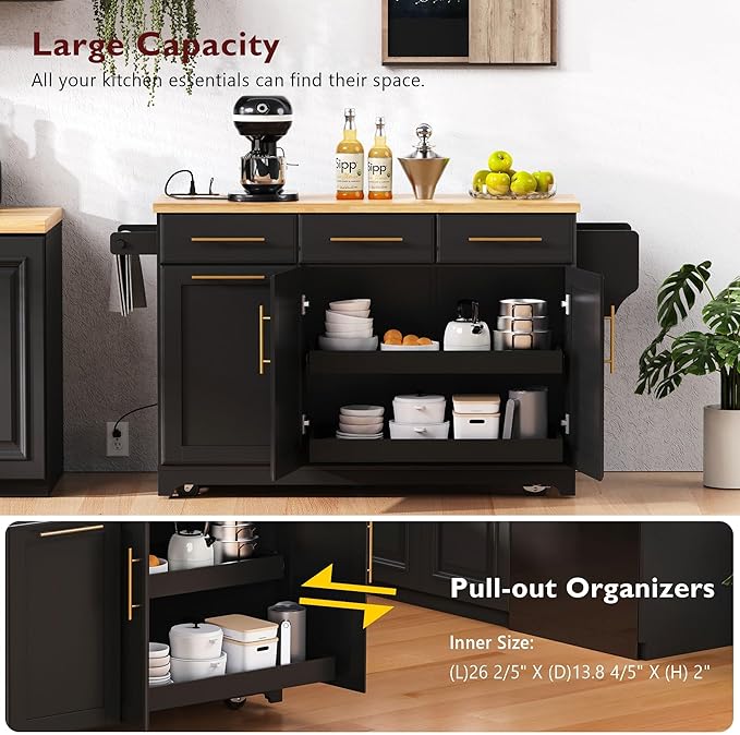 59.3" Kitchen Island with Drop Leaf and Pull Out Trash Can Storage Cabinet, Rolling Kitchen Island Table with Power Outlet, Spice & Towel Rack for Kitchen, Dining, Black