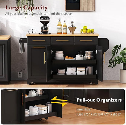 59.3" Kitchen Island with Drop Leaf and Pull Out Trash Can Storage Cabinet, Rolling Kitchen Island Table with Power Outlet, Spice & Towel Rack for Kitchen, Dining, Black