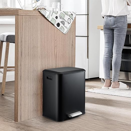GAOMON Dual Bin Rectangular Trash Can, Stainless Steel Waste Bin with Lid, 30 Liters (2 X 15 L), Trash Can with Recycling Bin Combination, Soft Close and Airtight Lid - Black