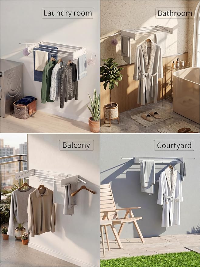 JOOM Laundry Drying Rack Collapsible, Wall Mounted Drying Rack, Clothes Drying Rack, 31.5" Wide, 5 Aluminum Rods, 60 lb Capacity (White 31.5" with Poles)