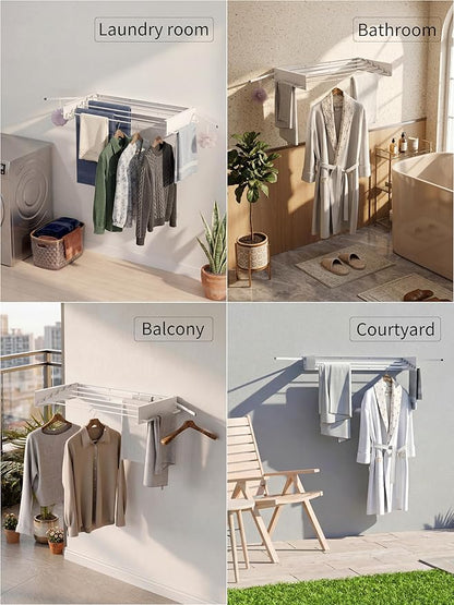 JOOM Laundry Drying Rack Collapsible, Wall Mounted Drying Rack, Clothes Drying Rack, 31.5" Wide, 5 Aluminum Rods, 60 lb Capacity (White 31.5" with Poles)