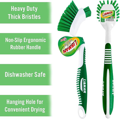 Libman Dish Brush Set with Long Handle - Deep Cleaning Brushes - Dish Scrubber & Scraper - Kitchen Scrub Brush for Dishes, Sinks, Pots, Pans, Vegetables