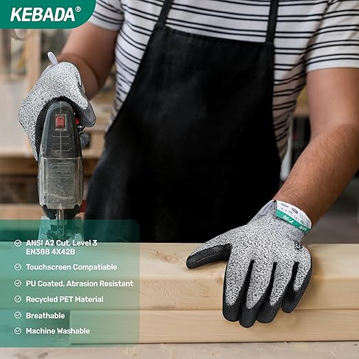 Kebada C2 Cut Resistant Gloves, ANSI A2, PU-Coated Work Gloves with Grip, Touchscreen Compatible, Ideal for Safety Protection & Anti-Cut Tasks, 12 Pairs, Small