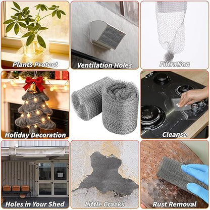 Steel Wool Mice Control, 6 Pack 3.2" x60 FT #00 Steel Wool & 1 Pack 5" x30 FT Wire Mesh, Fine Stainless Steel Wool Keep Mouse Away from Holes,Barrier and Gap Filler for Home Garden Kitchen Pipeline