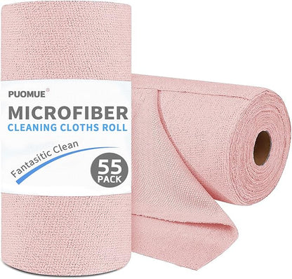 Puomue 55 Pack Microfiber Cleaning Cloth Roll, Tear Away Reusable Towels, 11" X 9", Ultra Absorbent & Lint Free Microfiber Cloth for Cleaning Cars, Kitchen, Window, Home and Shop (Pink, 9"X11"-55PK)